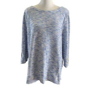 Talbots Blue White‎ XL Stretch Textured Knit Top Sleeve Accents Sweater Metallic